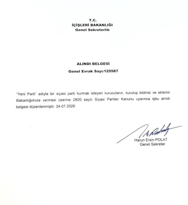 Özgür Özel, YENİ Parti'nin logosu ile İçişleri Bakanlığı tarafından verilen alındı belgesini paylaştı